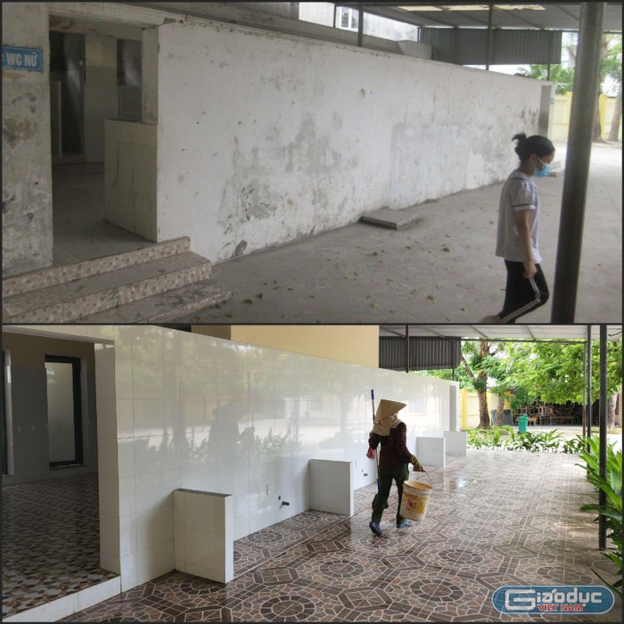 Khu nhà vệ sinh của Trường Tiểu học An Đồng trước và sau khi được sửa chữa, nâng cấp (Ảnh: Phạm Linh)