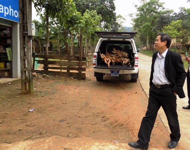 Chiếc xe biển xanh của Trung tâm Y tế dự phòng huyện Tuyên Hóa (Quảng Bình) được dùng để chở gỗ lậu đã bị người dân bắt gặp và ghi lại hình ảnh.