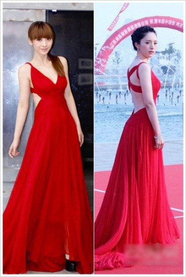 Chiếc váy dạ hội màu đỏ sexy và gợi cảm với phẩn lưng hở đã được hai mỹ nữ lựa chọn là Đổng Tuyền và Liễu Nham. Và cũng có thể nói rằng, trong bộ đầm này nếu đọ về nhan sắc thì chỉ có ngang sức ngang tài vì quả thực hai cô nàng đều rất yêu kiều và rực rỡ.