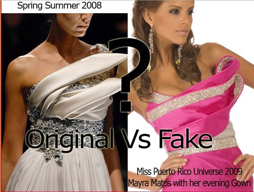 Chỉ khác mỗi màu sắc, những họa tiết, kiểu dáng trong chiếc váy đầm của hoa hậu Puerto Rico được copy lại giống hệt