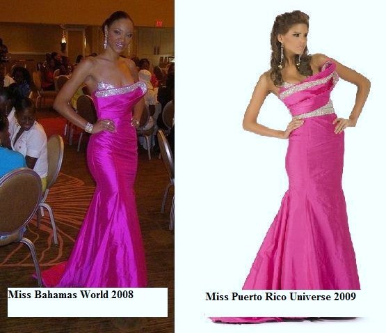 Hoa hậu Puerto Rico và thí sinh Bahamas trong chiếc đầm dạ hội được nhái lại hệt như chiếc đầm của nhà thiết kế Ellie Saab ra mắt trong bộ sưu tập năm 2008