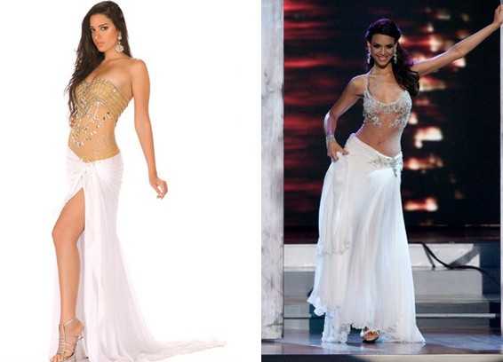 Hoa hậu hoàn vũ 2009 của Egypt Elham Wagdi mặc đầm copy Ellie Saab (ảnh trái) và Hoa hậu Mexico - Elisa Najera lọt vào top 5 chiếc đầm đẹp nhất của cuộc thi HHHV 2008 (ảnh phải). Xét về lợi ích thực tế, những “tay đạo chích” thời trang có thể ngay lập tức thỏa mãn cơn khát mặc đẹp của những phụ nữ thuộc tầng lớp bình dân, trung lưu - Những người chưa có đủ hoặc có thể không bao giờ có khả năng để sở hữu vẻ đẹp đích thực như vậy. Nhưng thực tế, việc chôm chỉa, copy hoặc ăn cắp ý tưởng luôn bị coi là hành động phá hoại thực sự đối với sự phát triển lâu dài của ngành công nghiệp thời trang.