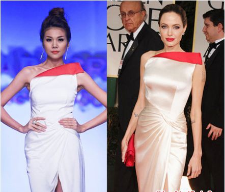 Mới đây người mẫu Thanh Hằng cũng dính vạ oan với chiếc váy giống y hệt hàng hiệu Versace mà Angelina Jolie đã mặc