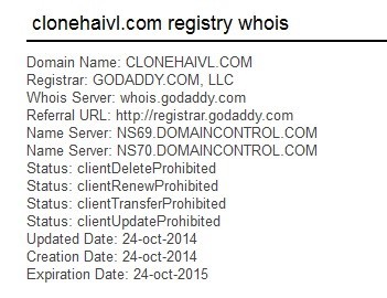Thông tin về tên miền CloneHaivl.com cho thấy tên miền này vừa được mua chỉ một ngày sau khi Haivl.com bị đóng cửa.