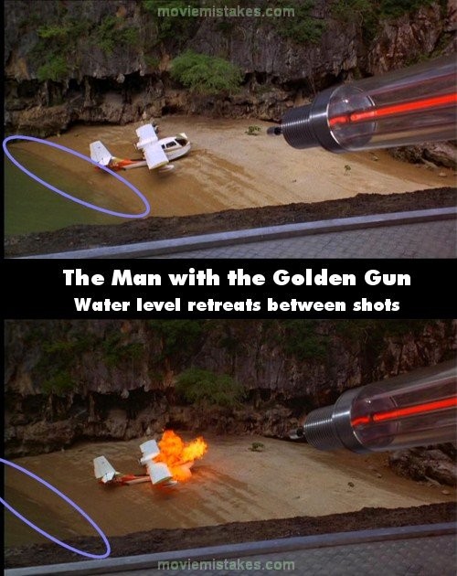 Phim The man with the golden gun (Sát thủ với khẩu súng vàng), khi Scaramanga nói với Bond về chiếc súng laser, mực nước còn ở rất gần máy bay. Những lúc anh bắn chiếc máy bay, mực nước đã ở vị trí thấp hơn rất nhiều so với trước đó. Ở đây có ít sóng nên không thể có chuyện mực nước thay đổi nhanh như vậy được