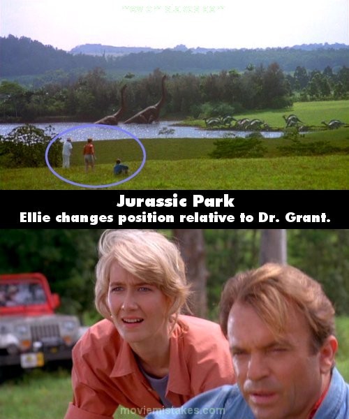 Phim "Công viên khủng long", cảnh nhìn thấy khủng long, Alan ngồi quay mặt ra hồ, còn Ellie đứng bên trái, đằng trước anh. Tuy nhiên, sau cảnh này, khán giả lại thấy Ellie đi đến chỗ Alan từ phía sau và đặt tay lên vai anh