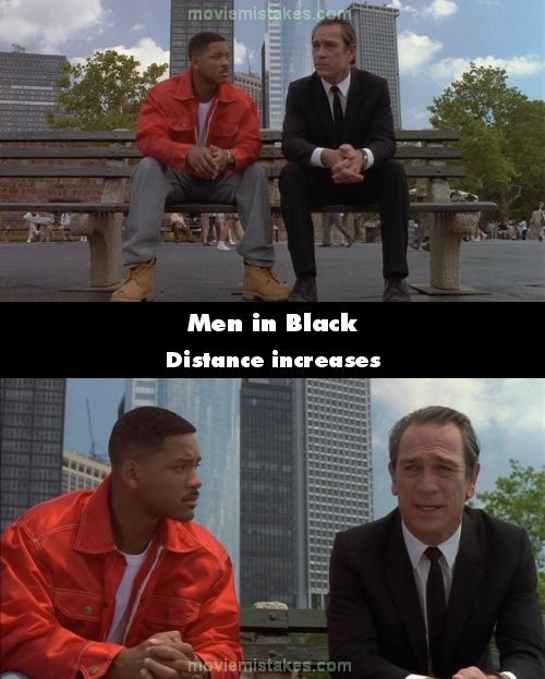 Phim Men in Black (Những người mặc đồ đen), cảnh Will Smith ngồi nói chuyện với Tommy Lee trên chiếc ghế dài, khoảng cách giữa 2 người đã tăng lên ở cảnh thứ nhất so với cảnh thứ hai.