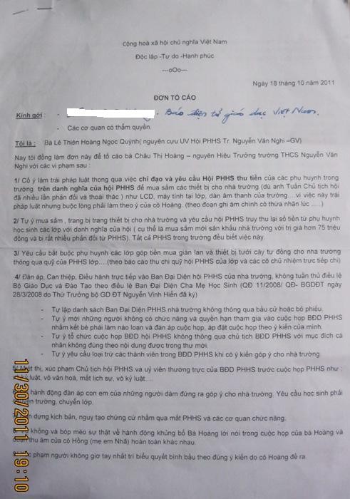 Đơn tố cáo của phụ huynh học sinh gửi Báo điện tử Giáo dục Việt Nam