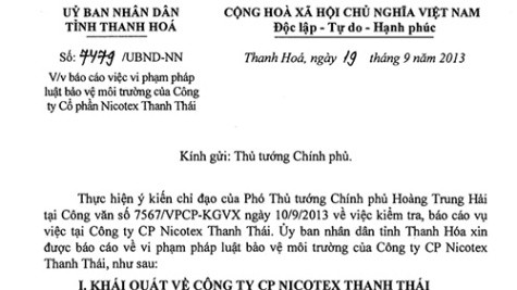 UBND tỉnh Thanh Hóa đã có công văn báo cáo vụ việc với Thủ tướng Chính Phủ