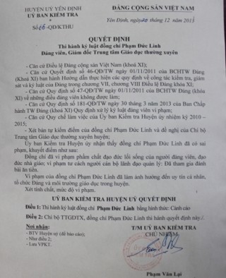 Quyết định kỷ luật của UBKT huyện ủy Yên Định đối với ông Phạm Đức Linh - GĐ TTGDTX về hành vi đánh bạc