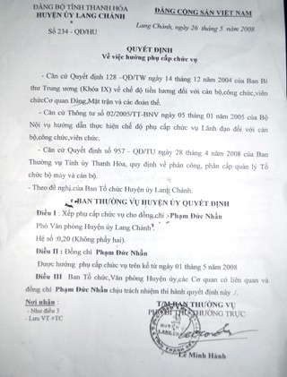 Quyết định của Huyện ủy Lang Chánh về việc bổ nhiệm ông Phạm Đức Nhần giữ chức vụ Phó CVP