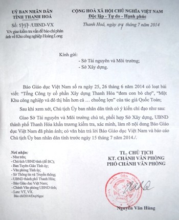 Công văn UBND tỉnh Thanh Hóa gửi báo Giáo dục Việt Nam
