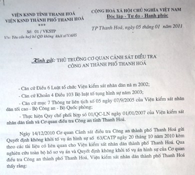 VKSND Thành phố Thanh Hóa yêu cầu Công an TP Thanh Hóa khởi tố vụ án theo đúng quy định