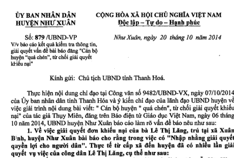 Công văn số 879/ UBND-VP ngày 20/10/2014 của UBND huyện Như Xuân gửi Chủ tịch UBND tỉnh Thanh Hóa