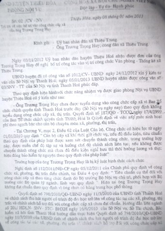 Công văn số 02/CV-NV ngày 8/1/2013 của UBND nêu rõ, UBND huyện Thiệu Hóa không thể bố trí công chức cấp xã đối với ông Trương Trọng Huy (ảnh: ĐỨC THIỆN)