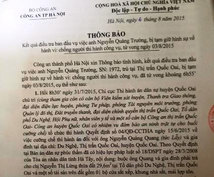 Thông báo của Công an Hà Nội về kết quả điều tra ban đầu vụ việc anh Nguyễn Quảng Trường tử vong sau khi bị tạm giữ (ảnh: XUÂN QUANG)