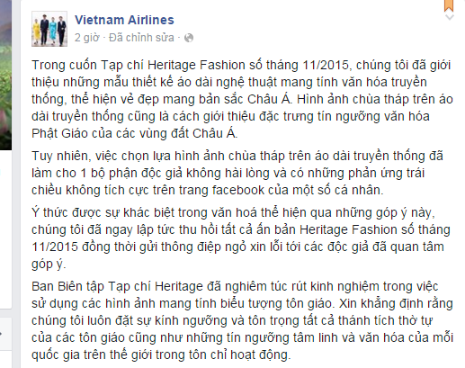 Thông báo trên Fanpage chính thức của Vienam Airlines.