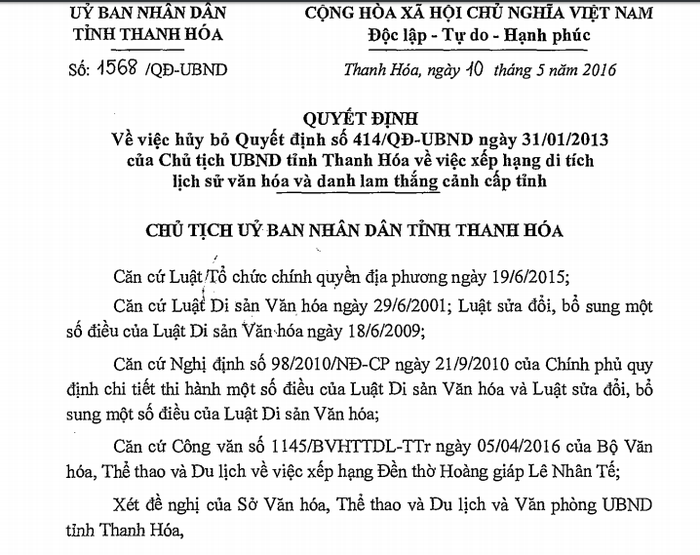 UBND tỉnh Thanh Hóa đã ra quyết định hủy bỏ Quyết định số 414/QĐ-UBND ngày 31/1/2013 về việc xếp hạng di tích lịch sử văn hóa Đền thờ Hoàng giáp Lê Nhân Tế. Ảnh: QUỐC TOẢN.