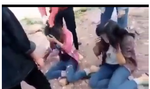 Hai nữ sinh trường THCS Quỳnh Thuận bị nhóm bạn cùng lứa hành hung dã man (ảnh cắt từ clip).