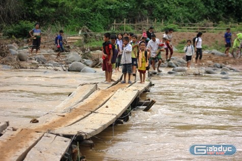Hàng chục đứa trẻ di chuyển qua cây cầu tạm do dân bản làm, bên dưới là dòng nước cuồn cuộn chảy xiết. Ảnh Xuân Quang.