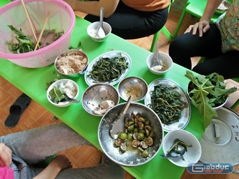 Bữa ăn nghèo nàn chỉ với đĩa rau muống, bát sung muối và đĩa muối lạc của giáo viên trường Mầm Non Yên Lâm. Ảnh: Thiên Minh