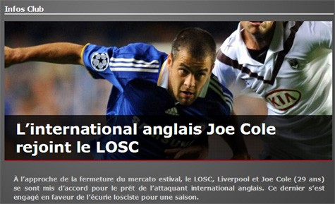 Website chính thức của Lille khẳng định mượn được Joe Cole.