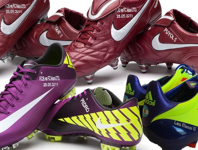Bộ giày của các sao Barca - Pedro, Puyol, Piqué, Messi để đá chung kết Champions League.