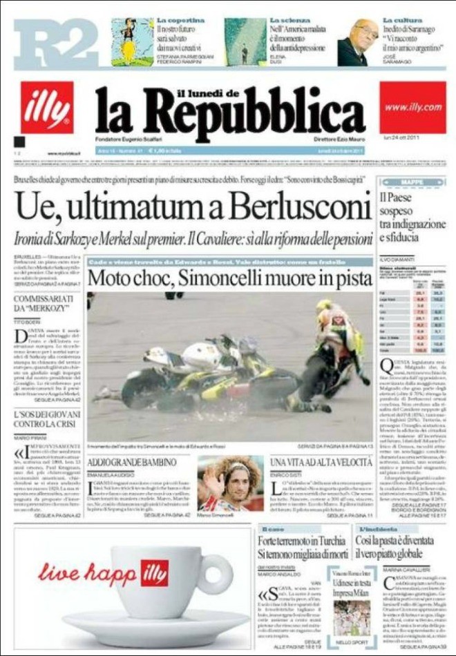 Simoncelli chết trên đường đua (La Repubblica)