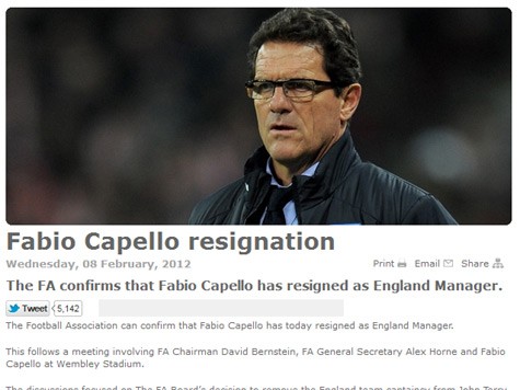 “Fabio Capello từ chức” - Thông báo trên website chính thức của FA.