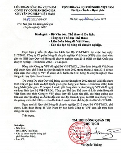 Công văn ông Võ Quốc Thắng ký gửi Bộ VH-TT&DL, Tổng cục TDTT và VFF.