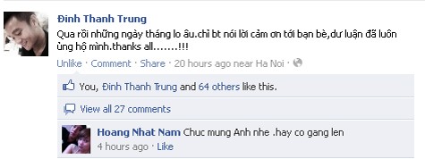 Thanh Trung chia sẻ cảm xúc của mình trên trang cá nhân Facebook sau khi được “giải phóng”.
