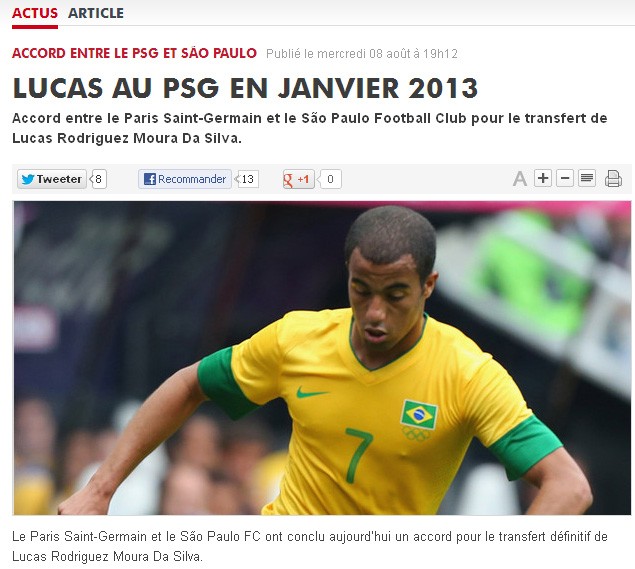 PSG xác nhận sẽ có Lucas Moura vào tháng Giêng 2013.