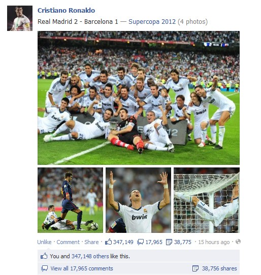 4 tấm ảnh sau đó do chính tay Ronaldo đăng lên Facebook cũng thu được trên 347.000 “Like”.