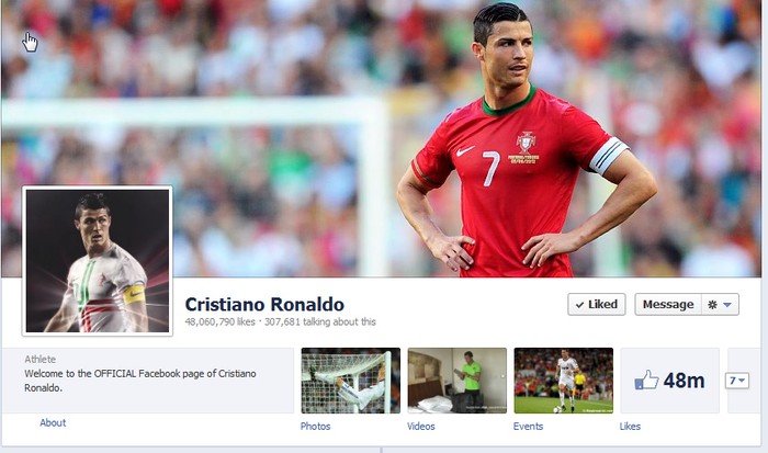 Ronaldo là một trong những nhân vật nổi tiếng nhất hành tinh. Bằng chứng là trang Facebook chính thức của anh, Cristiano Ronaldo, được hơn 48 triệu người yêu thích.