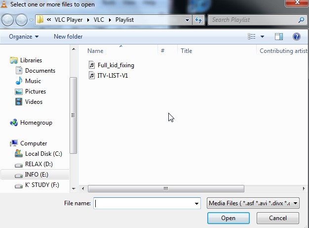 Trong cửa sổ chương trình VLC, bạn đọc chạy phần mềm, bấm Ctrl + O để mở file Full_kid_fixing.m3u trong thư mục đã giải nén.