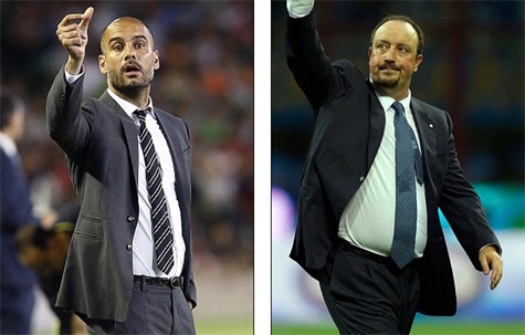 Benitez (phải) chỉ là giải pháp tạm quyền trước khi Chelsea bổ nhiệm Guardiola.