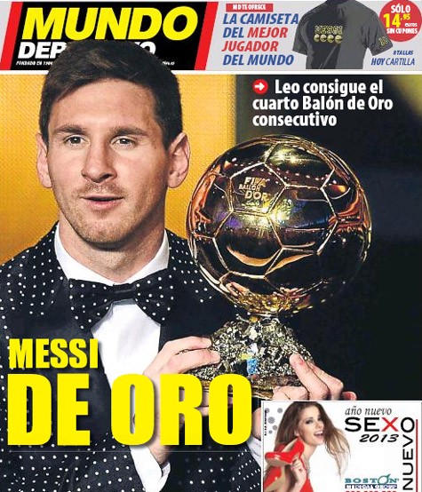 “Messi de Oro” (Messi bằng Vàng), cái tít giản dị và ý nghĩa của El Mundo Deportivo.