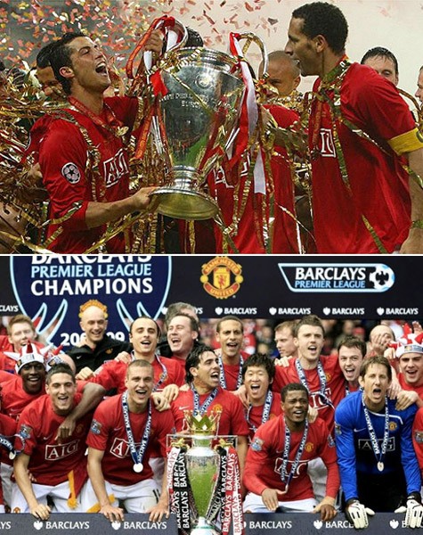M.U vô địch Champions League 2007 - 2008 (trên) và vô địch Ngoại hạng Anh 2008 - 2009 (dưới).