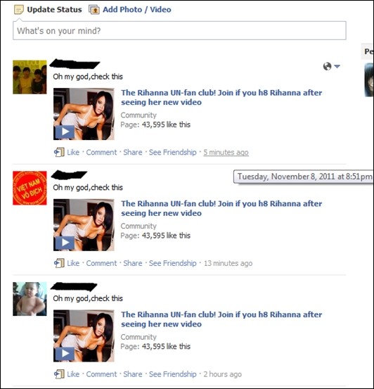 Virus "Rihanna" lan truyền trên cộng đồng người sử dụng Facebook với tốc độ chóng mặt. Ảnh: Internet