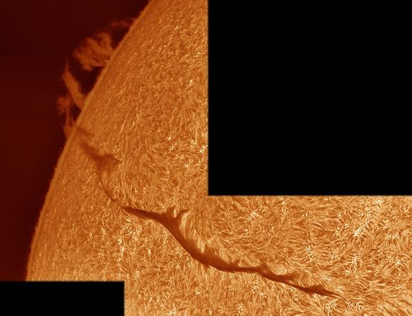 Một đường sáng uốn lượn của khí plasma bị đốt nóng chạy vòng quanh mặt trời. Các hình vuông màu đen che khuất một phần mặt trời có thể là kết quả của việc xâu chuỗi nhiều bức hình nhỏ hơn lại với nhau, một thành viên của NASA cho biết. Những vòng khí xuất hiện xung quanh mặt trời được gọi là phần nhô ra của mặt trời khi được nhìn từ ngoài vũ trụ hoặc được gọi là các sợi năng lượng mặt trời khi được nhìn từ bề mặt của mặt trời.