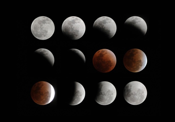 Ảnh tổng hợp 12 bức ảnh mặt trăng cho thấy hiện tượng nguyệt thực toàn phần trên bầu trời ở Hefei, Trung Quốc.