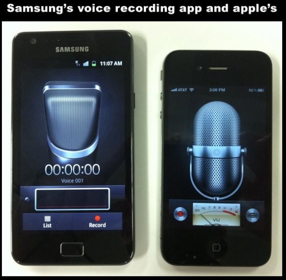 Không chỉ sao chép kiểu dáng phần cứng của sản phẩm mà ngay cả ứng dụng ghi âm giọng nói của hãng cũng giống Apple đến kì lạ.