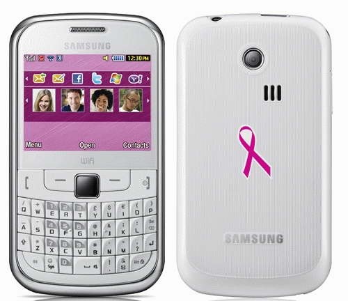 Samsung Chat 355 Pink Ribbon Với bàn phím QWERTY và thiết kế dạng thanh, Samsung Chat 335 hướng tới những bạn trẻ nghiện nhắn tin. Không có màu hồng nữ tính như C3, Samsung Chat có phiên bản Pink Ribbon đặc biệt với chiếc nơ hồng thanh lịch và dễ thương, dành cho những bạn nữ ngọt ngào.