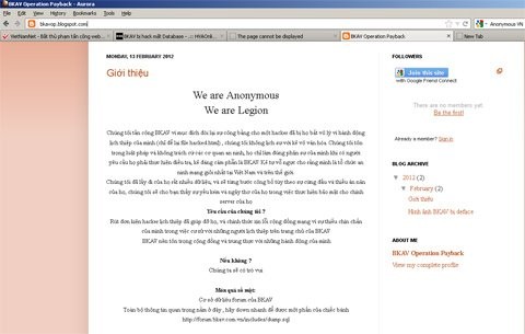Thông điệp này cũng được đăng lại trên một blog tại địa chỉ http://bkavop.blogspot.com/ mà hacker đã để lại ở cuối thông điệp. Ảnh chụp màn hình lúc 11h25 ngày 14/2/2012