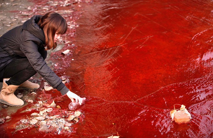 1. Một nhà báo đang lấy mẫu nước bị ô nhiễm có màu đỏ như máu tại sông Jianhe ở Luoyang, tỉnh Henan, Trung Quốc (13 /12/2011). Theo truyền thông địa phương, nguồn nước bị ô nhiễm là do việc xả nước thải bất hợp pháp thông qua những ống thoát nước mưa của hai nhà máy hóa chất gần đó. Ngày 22/3 là ngày "Nước Thế giới", một sự kiện được được Liên Hiệp Quốc tổ chức vào năm 1993 nhằm nêu lên những vấn liên quan đến nguồn tài nguyên quý giá này. Liên Hiệp Quốc đã ước tính được rằng trong số sáu người thì có ít nhất một người không được cung cấp 20-50 lít nước ngọt trong vòng một ngày để đảm bảo các nhu cầu cơ bản như uống, nấu ăn, và vệ sinh thân thể. Và khi dân số thế giới tăng lên đến hơn bảy tỷ người thì nước sạch lại càng trở lên khan hiếm nhất là những khu vực đông dân cũng như những ngôi làng xa xôi.