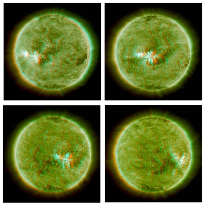 8. Chùm bốn mặt trời xanh Sự kết hợp nhiều bức ảnh chụp liên tiếp từ phía trước và sau vệ tinh đôi STEREO đã tạo ra một chuỗi gồm bốn bức ảnh 3D sống động và các hình này đều được chụp với ánh sáng tia cực tím. Những vùng hoạt động mạnh trên bề mặt có màu sắc nhạt hơn và nhiệt độ bề mặt mặt trời lúc này là hàng triệu độ C.