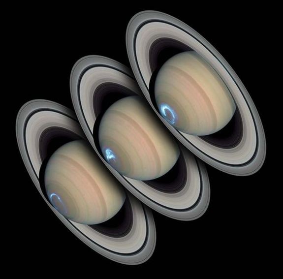 Ánh sáng nhảy múa của cực quang trên sao Thổ. Nhìn từ không gian, một cực quang xuất hiện như một chiếc nhẫn khí phát sáng bao quanh vùng cực của sao Thổ. Cực quang xuất hiện khi các hạt tích điện trong không gian va chạm vào từ trường của hành tinh. Các nhà thiên văn đã kết hợp hình ảnh tia cực tím của khu cực Nam của sao Thổ với vùng ánh sáng nhìn thấy trên hành tinh cùng với những vòng tròn đồng tâm thu được từ cả kính thiên văn Hubble và tàu vũ trụ Cassini để tạo lên bức ảnh này