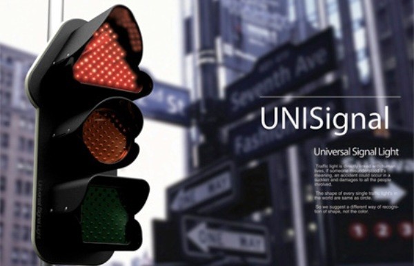 6. Đèn giao thông UniSignal Nhắc đến đèn giao thông, chúng ta sẽ nghĩ ngay đến ba hình tròn. Tuy nhiên, UniSignal lại được thiết kế rất khác biệt và sáng tạo hơn so với mẫu đèn thông thường vì mỗi tín hiệu đèn lại mang một hình khác nhau, giúp cho những người mắc bệnh mù màu hoặc khó phân biệt màu dễ dàng trong việc tiếp nhận tín hiệu từ đèn giao thông.