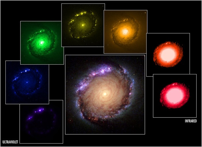 Ví dụ sau đây về giải thiên hà NGC 1512 cho thấy Hubble đã phân tách từng bước sóng bằng bộ lọc đặc biệt. Và hầu hết hình ảnh thu được của hubble là sự kết hợp của ánh sáng màu đỏ, xanh lá và xanh lục.
