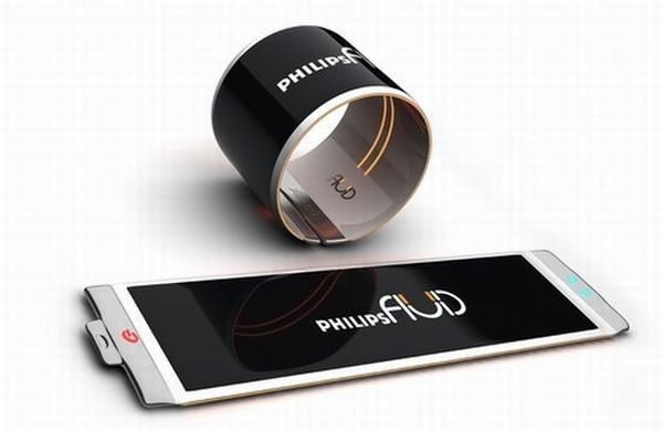 9. Điện thoại đeo tay Philips Fluid Chiếc điện thoại này ấn tượng bởi kiểu dáng thời trang và tiện dụng , có thể uốn thành chiếc vòng đeo tay độc đáo. Với màn hình OLED tiên tiến, Pilips Fluid thông minh có thể sẽ là bước tiến vượt bậc trong thị trường điện thoại cũng như ngành công nghiệp thời trang.